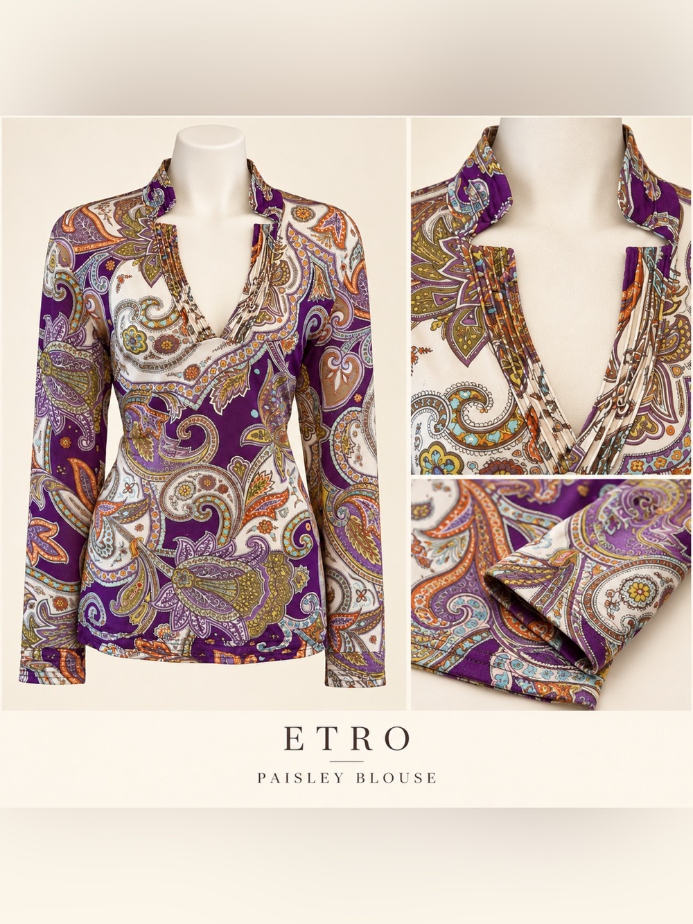 ETRO Milano Paisley Stretch Jersey V-Neck Long Sleeve Top IT 40 US 4 Made Italy”